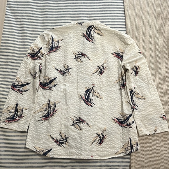 LL Bean Signature Sail Boat Blouse Top Tie Front Seersucker Cotton Size 2 - Picture 2 of 11